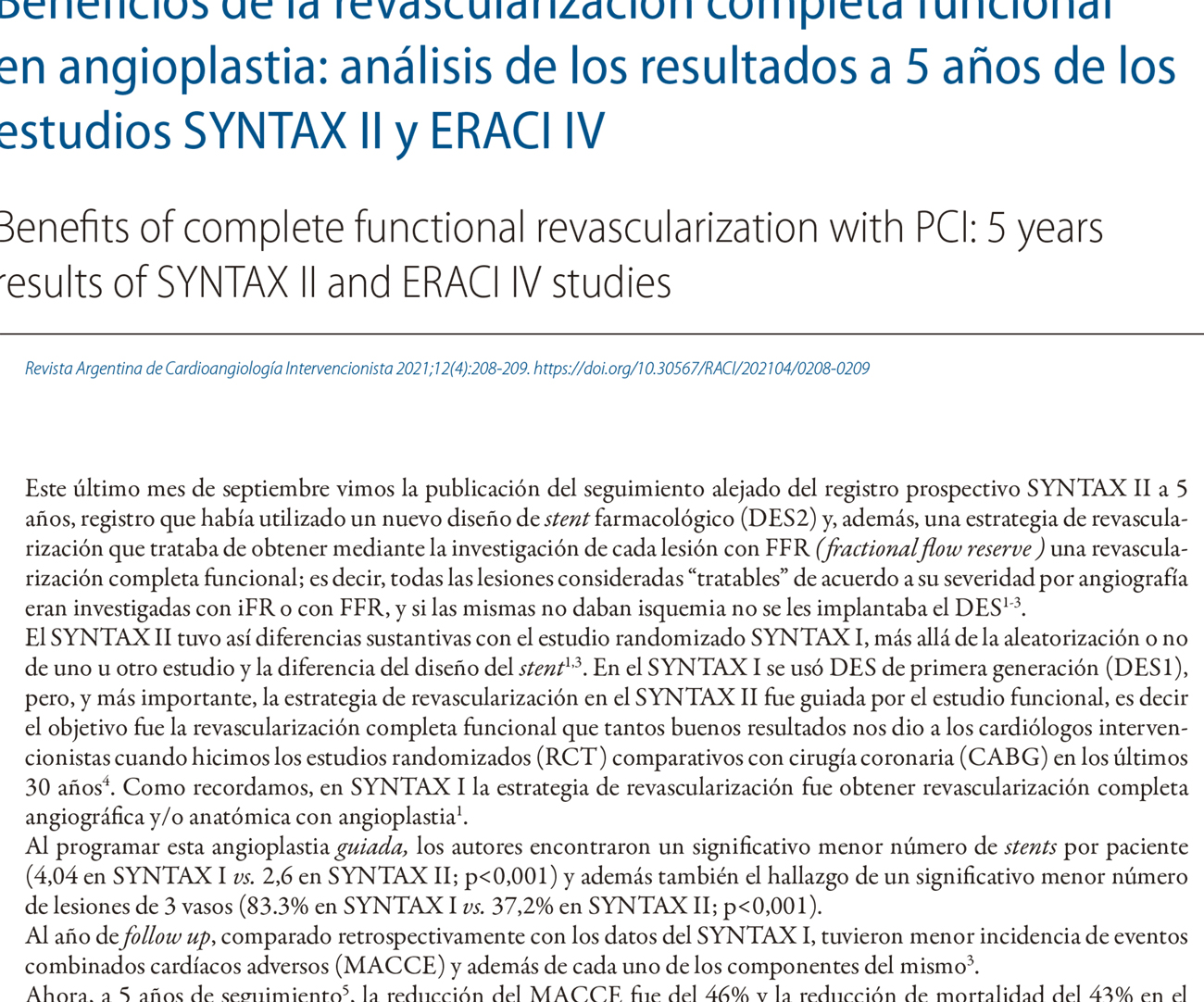 Beneficios de la revascularización completa funcional en angioplastia: análisis de los resultados a 5 años de los estudios SYNTAX II y ERACI IV
