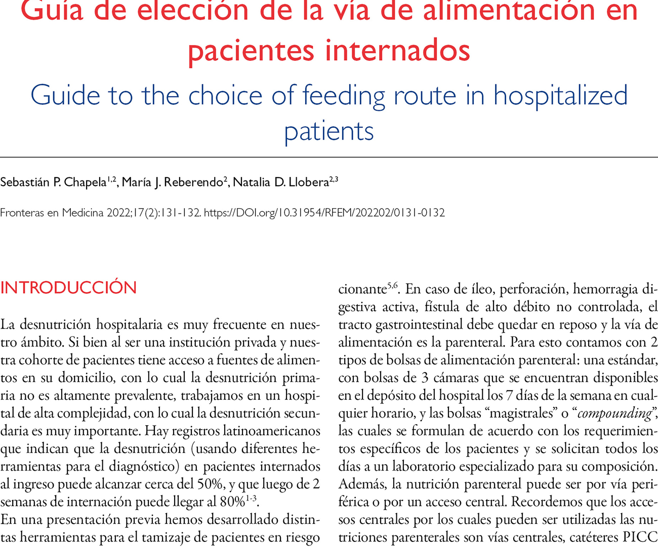 Guía de elección de la vía de alimentación en pacientes internados