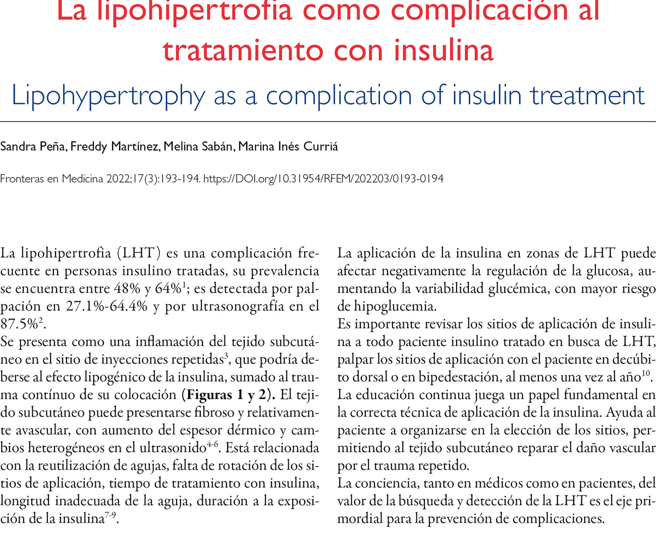 La lipohipertrofia como complicación al tratamiento con insulina