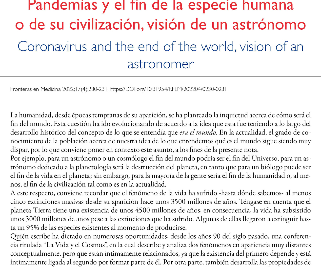 Pandemias y el fin de la especie humana  o de su civilización, visión de un astrónomo