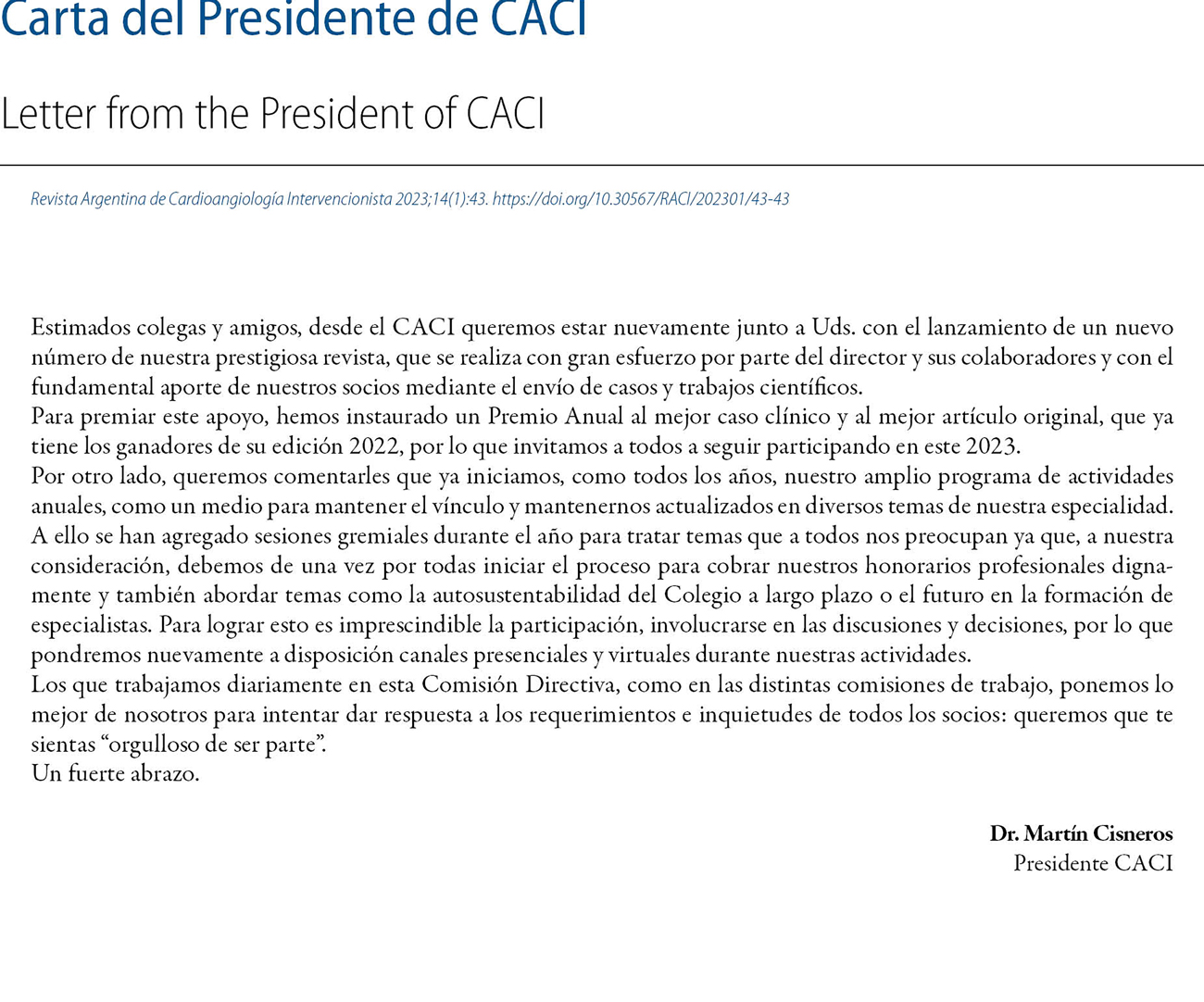 Carta del Presidente de CACI