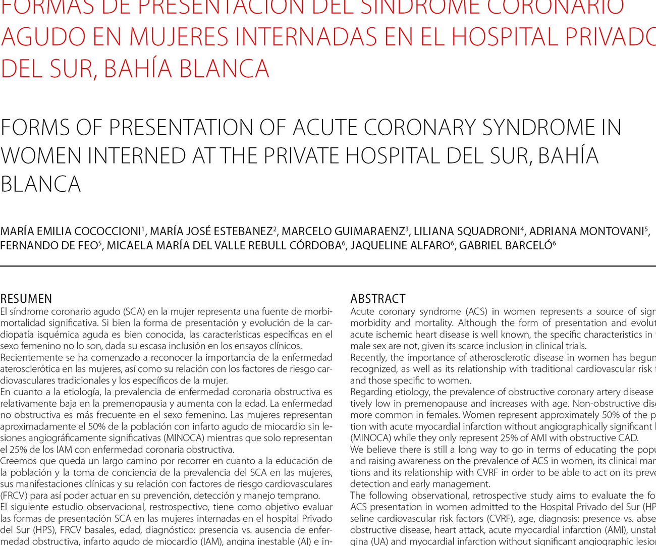 Formas de presentación del síndrome coronario agudo en mujeres internadas en el Hospital Privado del Sur, Bahía Blanca