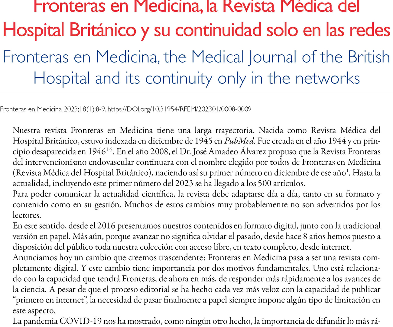 Fronteras en Medicina, la Revista Médica del Hospital Británico y su continuidad solo en las redes